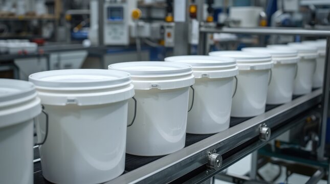 Automated Production Line of White Buckets: Rows of identical white plastic buckets move along a conveyor belt in a modern factory setting.