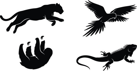 Naklejka premium Tropical rainforest wildlife vector silhouette set featuring leaping panther, flying macaw parrot, hanging sloth, and iguana.