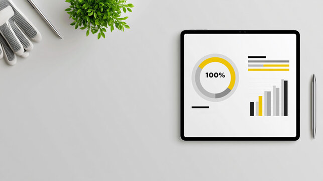 Tablet displaying business analytics with graphs and statistics on a gray desk, surrounded by a plant, gloves, and a pen for a modern workspace