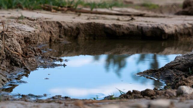 A shallow muddy puddle reflects a clear blue sky with soft clouds  surrounded by earthy soil and sparse green vegetation