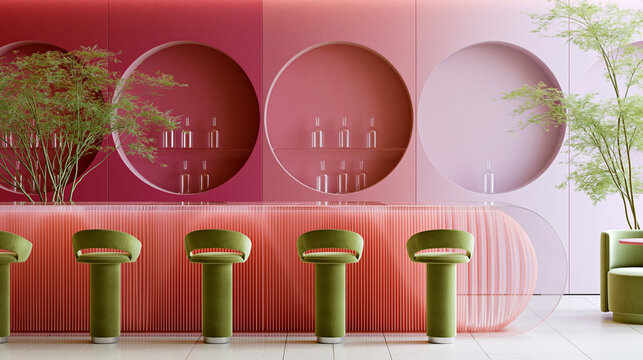 Modern interior design of a stylish bar with circular wall niches, green stools, and pink gradient walls, featuring decorative plants and glassware on display