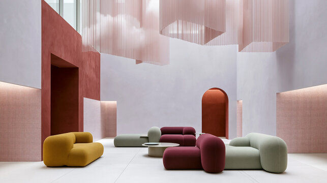 Modern interior design featuring colorful curved sofas in a spacious room with abstract ceiling installations and minimalist architectural elements