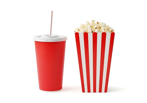 Red popcorn bucket and drink cup with straw
