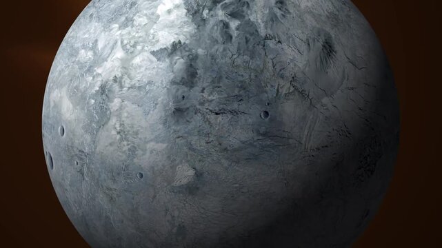 Cinematic rotating view of a Eris fictional alien planet surface in deep space.