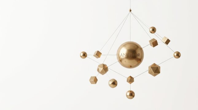 Golden geometric mobile suspended with abstract shapes