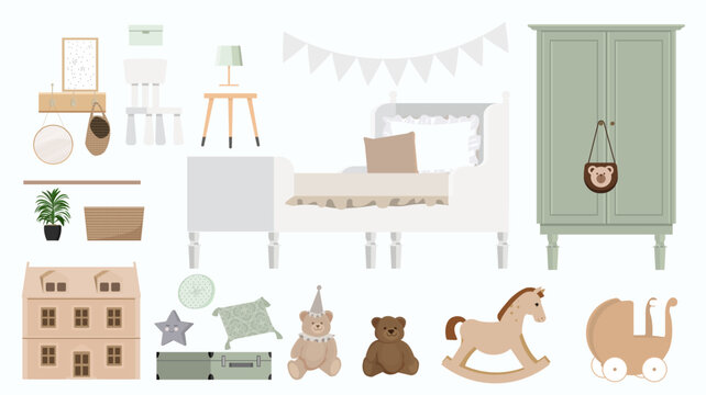Cute boho nursery interior furniture and toys element set clipart
