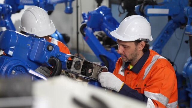 Team of technicians repairing automated machinery in manufacturing plant, Engineers in safety gear maintaining robotic arms in warehouse, Mechanics working on robot equipment parts in factory
