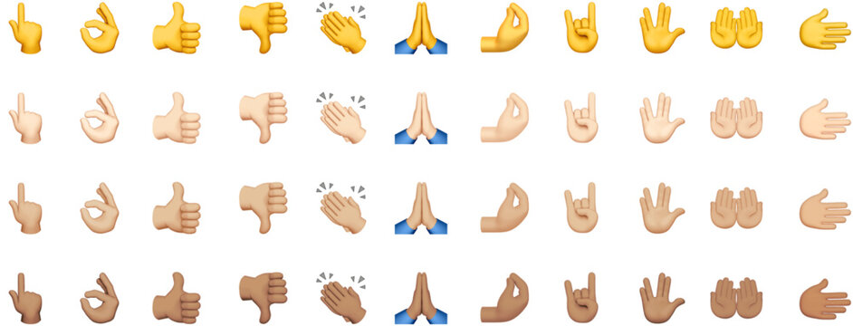 Multicolor hand gesture emoji icon collection isolated on white background. Diverse skin tone hand signs express communication and reactions for messaging social media stickers and digital design.