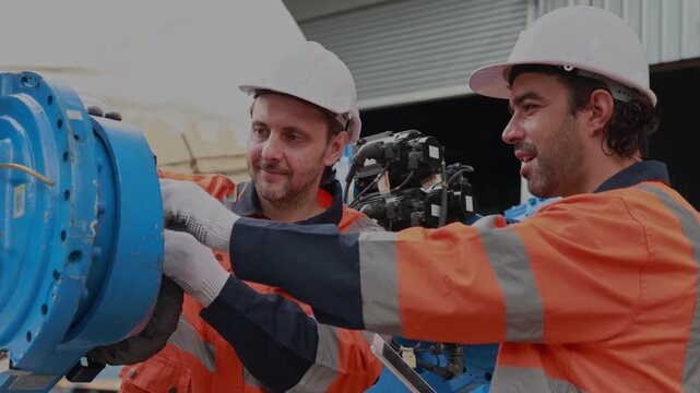 Robotic engineers with digital tablet inspecting machinery in factory, automation technicians working together on robotic equipment in plant, industrial engineers team checking smart factory system