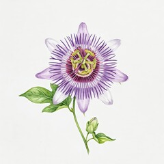 Obraz premium Purple passion flower shows intricate corona and exotic petals for scientific study and tropical themed botanical posters.