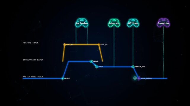 Software development pipeline animation showing automated deployment integration flow chart motion