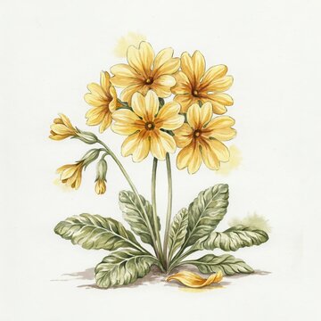 Yellow primrose flower cluster with green leaves watercolor botanical illustration for nature themed decor.