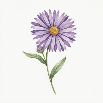 Purple aster flower with yellow center and bud, detailed watercolor painting on white background, botanical art.