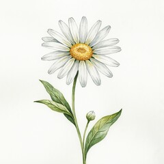 Fototapeta premium Watercolor painting of single white daisy flower with yellow center and green stem for botanical stationery decoration.