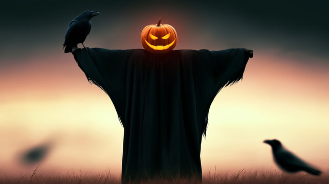 Spooky Halloween Scarecrow: A menacing scarecrow, adorned with a glowing jack-o'-lantern head and a crow perched on its arm, stands guard in a field at dusk.