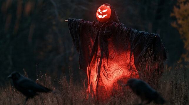 Spooky Scarecrow with Glowing Pumpkin Head: A creepy scarecrow with a menacing carved pumpkin for a head, its body glowing with an eerie orange light, stands guard in a dark.