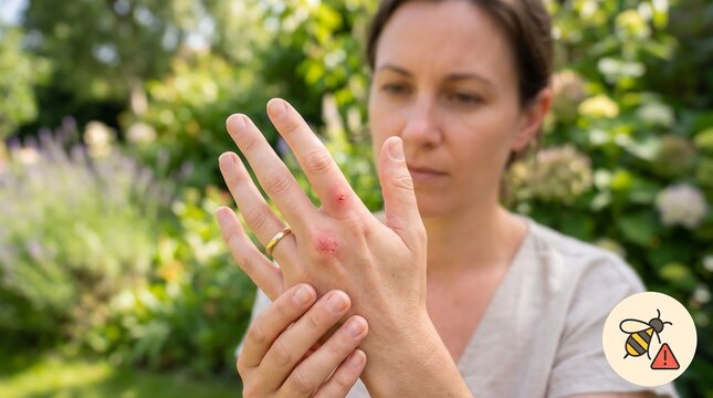 Woman examining red skin irritation or insect bites on her hand in a garden setting