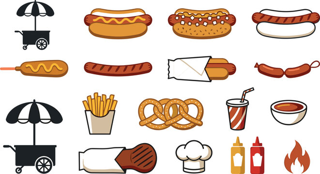 Fast Food and Hot Dog Cart Icon Set Featuring Corn Dogs French Fries Pretzels Sausages Mustard and Ketchup Bottles for Street Food Vendor Restaurant Menu Designs