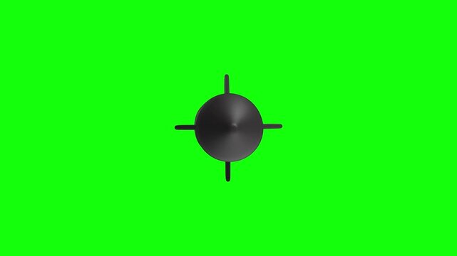 model rocket nose cone or a small aerospace component equipped with four symmetrical stabilizing 3D animated on green screen background.