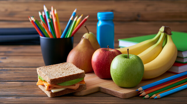 School supplies arranged beside a healthy packed lunch on a table, back to school preparation, student nutrition, education lifestyle, with copy space