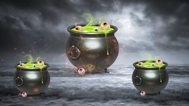 Spooky halloween cauldrons with bubbling green potion and eyeballs under a full moon