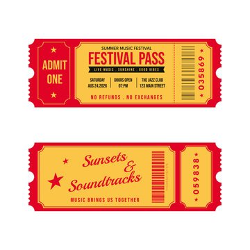 Vintage summer music festival pass and admission ticket design templates