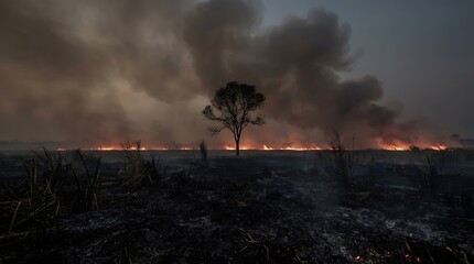 Fototapeta premium A lone tree stands silhouetted against a raging wildfire at dusk.