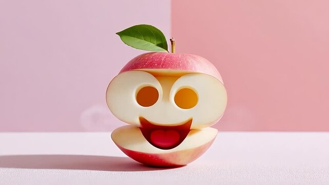 Cute Surreal Apple Character with Big Eyes on Pastel Background