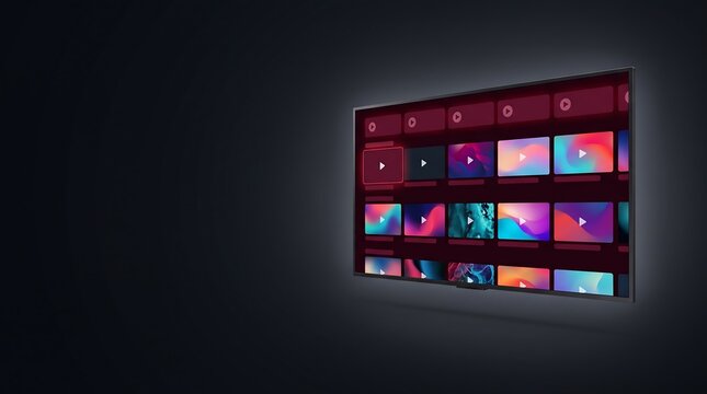 Smart tv screen interface with video on demand stream service concept in dark living room.