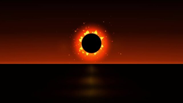 Solar eclipse dark moon glowing with bright orange particles motion footage