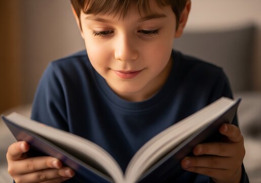 Close up image of young boy focused on reading open book indoors with warm soft light, representing elementary education, literacy, home studying, imagination, and literature appreciation