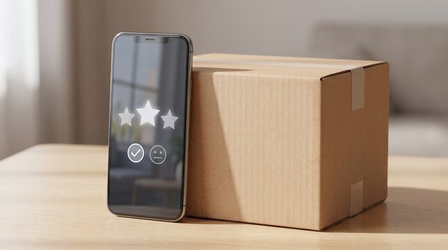 Smartphone with 3 stars rating next to cardboard box