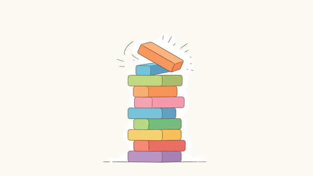 Colorful Stacking Block Tower Illustration with Toppling Orange Brick and Dynamic Lines