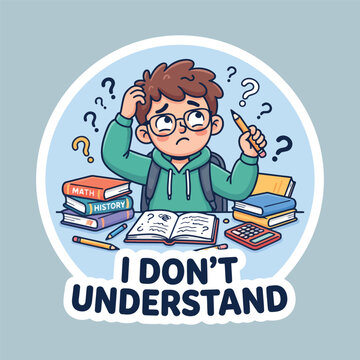 Confused student struggling with difficult homework and textbooks with i dont understand text overlay