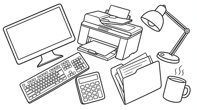 Line art of office supplies including computer and printer