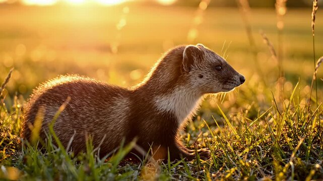 Wild ferret sitting in a lush green meadow during a warm golden hour sunset