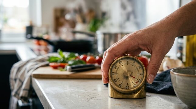 Person hand adjusting metal timer dial on kitchen counter with tomatoes and fresh herbs prepared for cooking on wooden board behind.