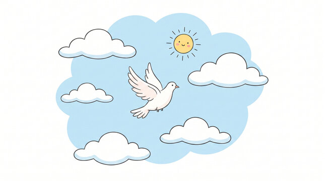 White dove flying through clouds under a sunny sky  