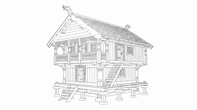 Traditional Viking Wooden House Line Art with Dragon Head Carvings