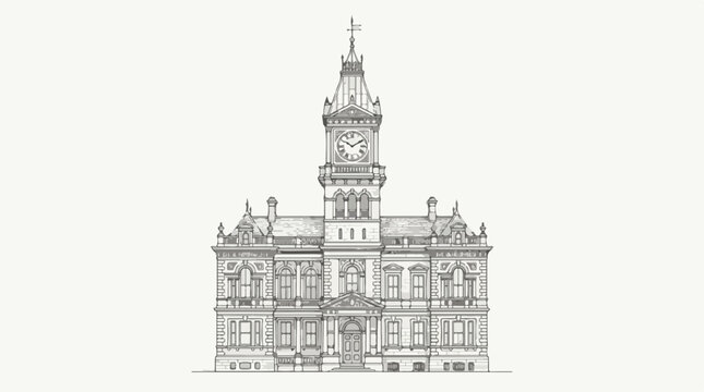 Victorian clock tower building architectural sketch in black line art