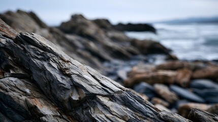 Fototapeta premium Close up of layered shale rock formations along a coastal shoreline with blurred ocean waves in the background