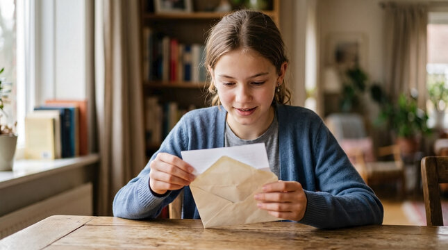 Curious girl opening letter envelope at wooden table in cozy living room setting. Focused teenager opening letter envelope with joy and anticipation. Heartwarming opening letter envelope concept.