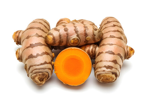 Fresh ginger root with cross section view isolated on white background