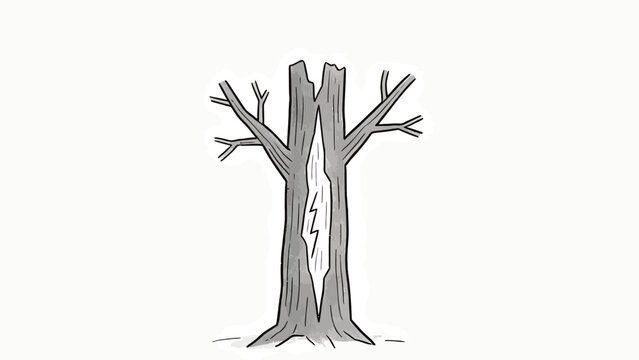 A stark black and white illustration of a split tree trunk with jagged lightning bolt inside, symbolizing