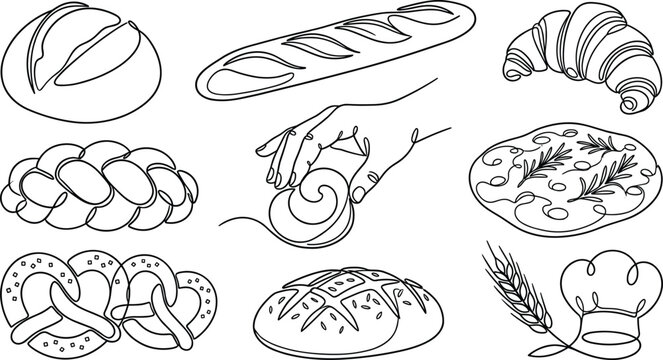 Bakery and Bread Line Art Collection with Loaf, Baguette, Croissant, Pretzel, Pastry, Wheat, Dough, Chef Hat, and Artisan Baking Elements