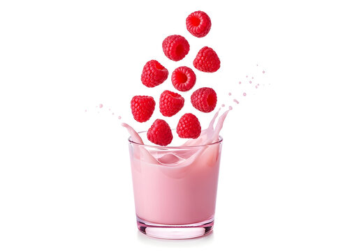 Fresh raspberries popping into pink drink in glass isolated on white background