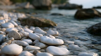 Obraz premium Smooth white pebbles rest along a calm shoreline where clear water gently laps against the stones under soft natural light