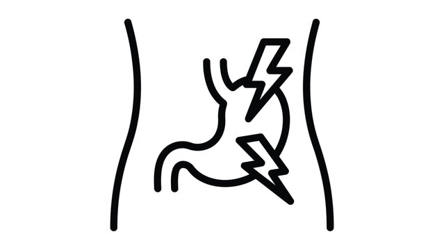 Digestive discomfort illustration showing stomach pain with lightning bolts indicating severe ache and discomfort in the abdominal area
