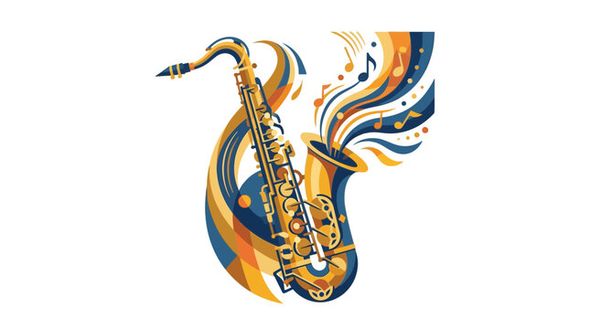 Abstract Saxophone Illustration with Musical Notes and Swirls