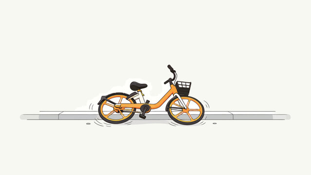 Vibrant orange shared bicycle in motion, cartoon style, city street scene, clean white background